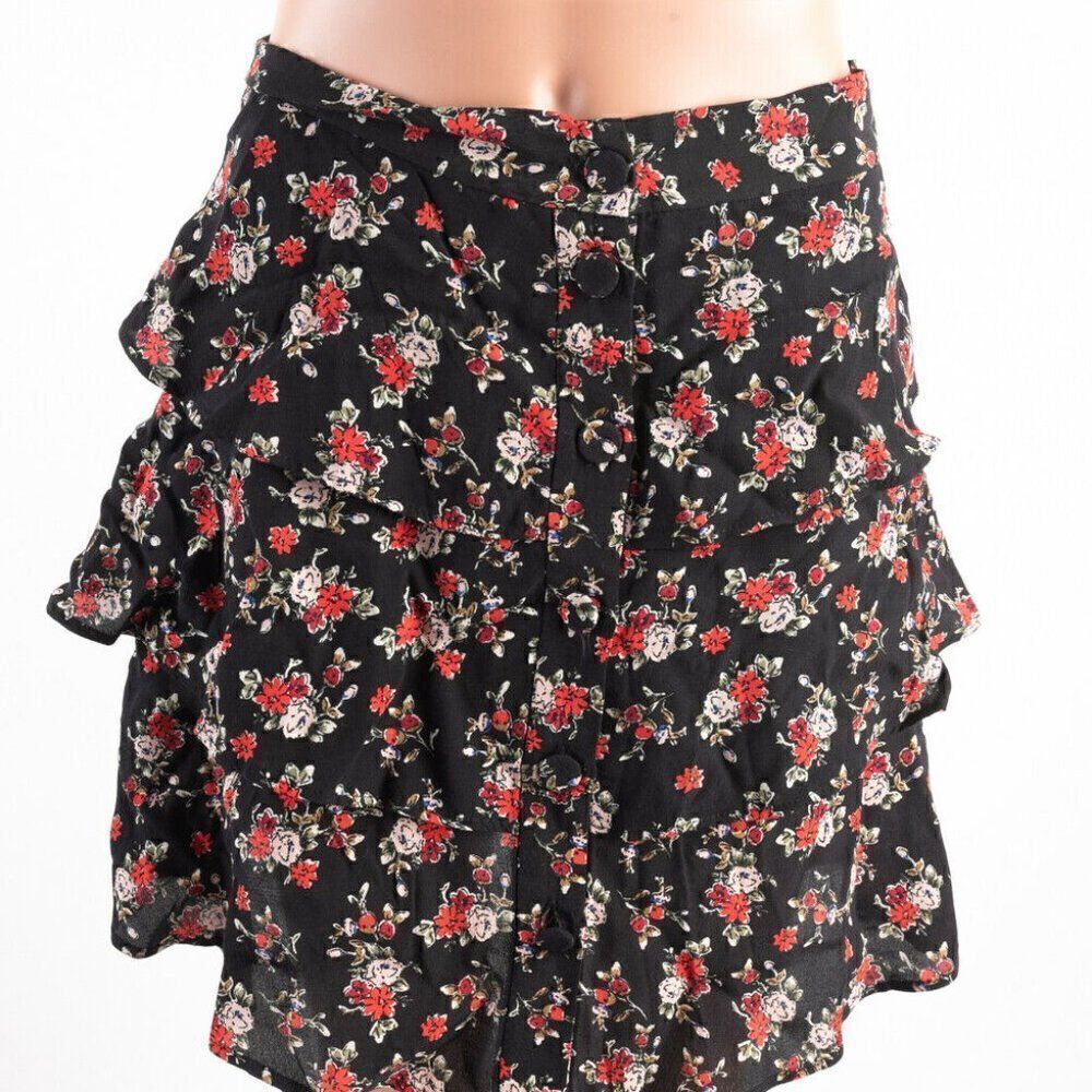Zara Womens Mini Skirt S Black Red Floral Ruffle